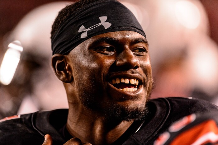 (Trent Nelson | The Salt Lake Tribune) Utah Utes quarterback Tyler Huntley (1) savors a huge lead in the fourth quarter as the Utah Utes host the San Jose State Spartans, NCAA football at Rice-Eccles Stadium in Salt Lake City, Saturday September 16, 2017.