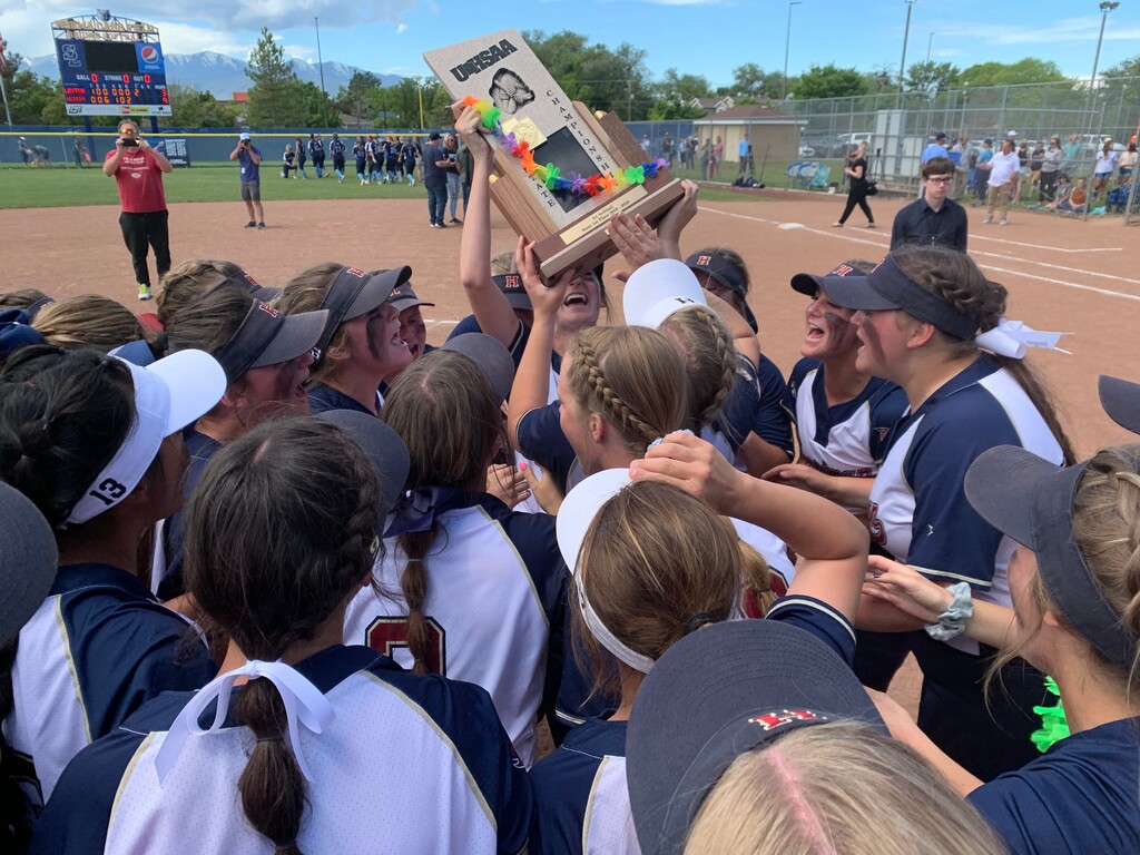 (Alex Vejar | The Salt Lake Tribune) The Herriman High Mustangs celebrate their second consecutive 6A softball championship after a 9-3 win over the Layton Lancers on Thursday, May 30, 2019 at Norma Cart Field on the Taylorsville campus of Salt Lake City Community College.