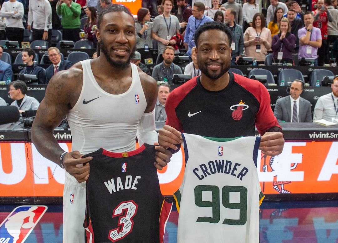(Rick Egan  |  The Salt Lake Tribune)     Miami Heat guard Dwyane Wade (3) poses for a photo with Utah Jazz forward Jae Crowder (99) as at the swap jersey's after the the game between Utah Jazz and Miami Heat, at Vivint Smart Home Arena Wednesday, Dec. 12, 2018.