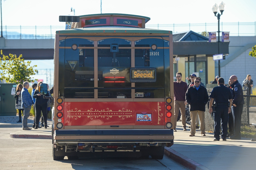 (Francisco Kjolseth  |  Francisco Kjolseth)  UTA unveils a new historic-style trolley bus at the Layton Frontrunner station on Monday, Oct. 15, 2018, that will operate for free on Route 628 in Layton.