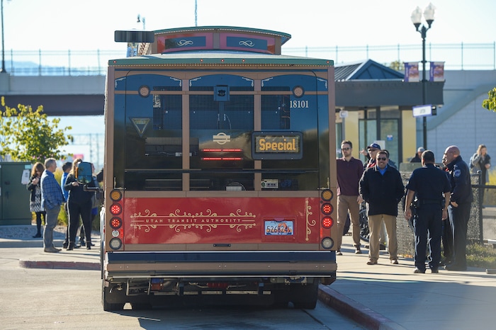 (Francisco Kjolseth | Francisco Kjolseth) UTA unveils a new historic-style trolley bus at the Layton Frontrunner station on Monday, Oct. 15, 2018, that will operate for free on Route 628 in Layton.