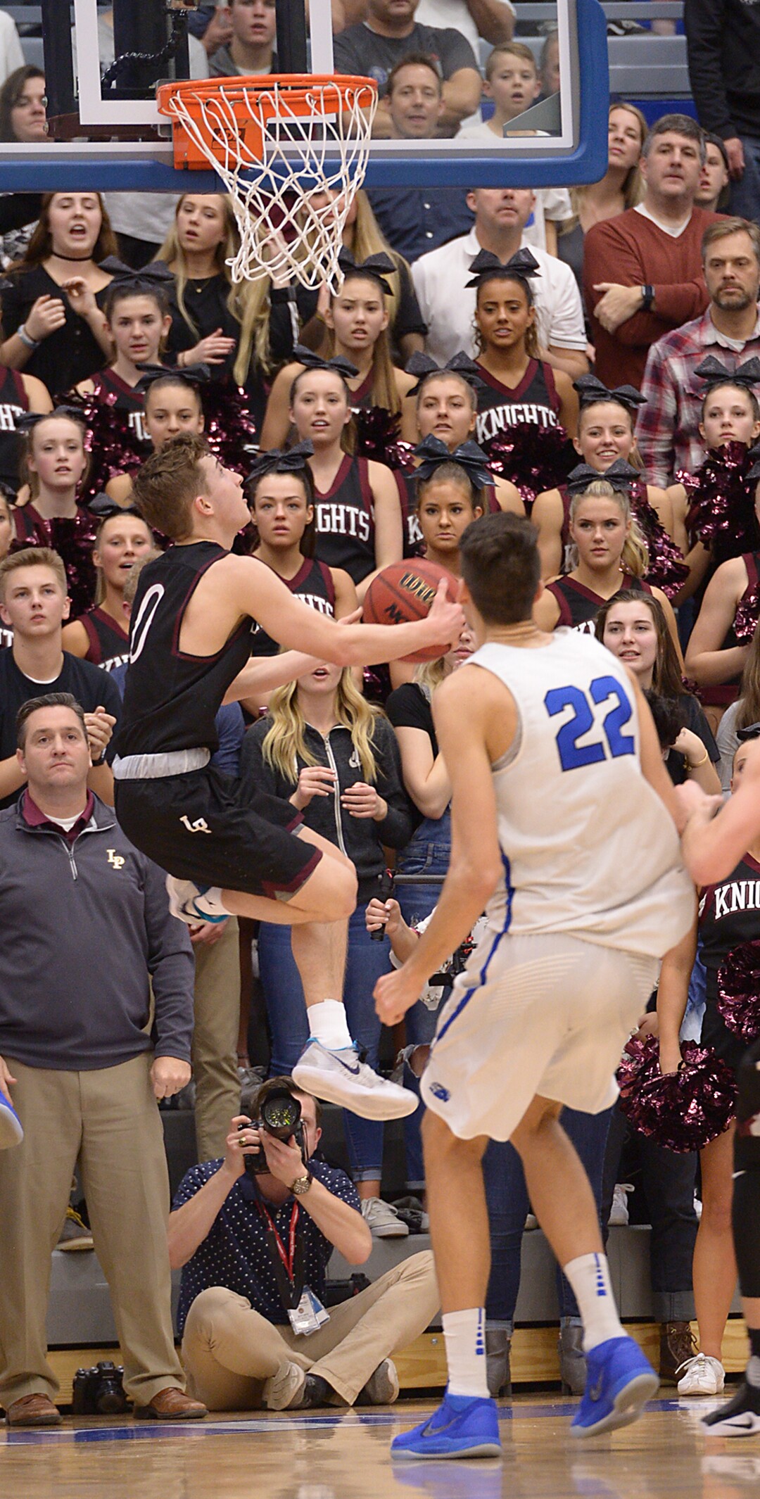 (Leah Hogsten  |  The Salt Lake Tribune) Lone Peak's  Chantry Ross with the underhanded bucket. Lone Peak High School boys' basketball team defeated Pleasant Grove High School 65-61 during their game Friday, January 26, 2018 in Pleasant Grove. 