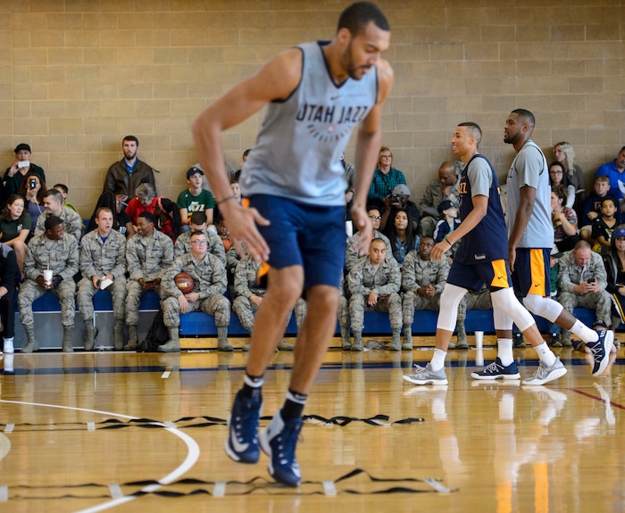 (Steve Griffin  |  The Salt Lake Tribune)    Airmen and civilians watch the Jazz warm-up in the Warrior Fitness Center on Hill Air Force Base as they prepare to scrimmage as a part of a "Hoops for Troops" promotion Ogden Friday September 29, 2017. It's also Utah's first public scrimmage of the season, and the first look at how the new pieces of the team will work together. 