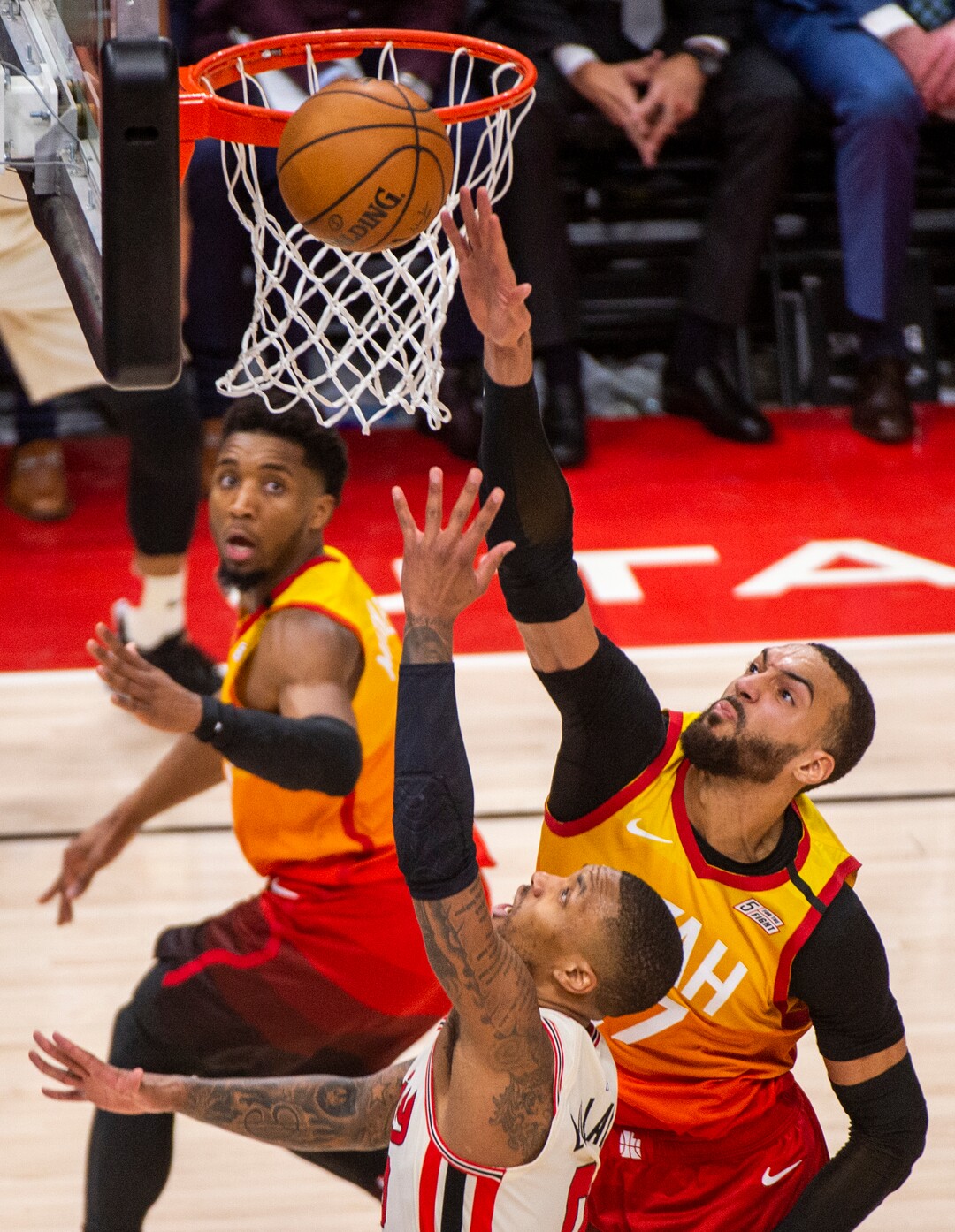 (Rick Egan  |  The Salt Lake Tribune)     Utah Jazz center Rudy Gobert (27) blocks a shot by Portland Trail Blazers guard Damian Lillard (0), in the Jazz 117-114 win over the Portland Trail Blazers, in NBA action in Salt Lake City, Friday, Feb. 7, 2020.