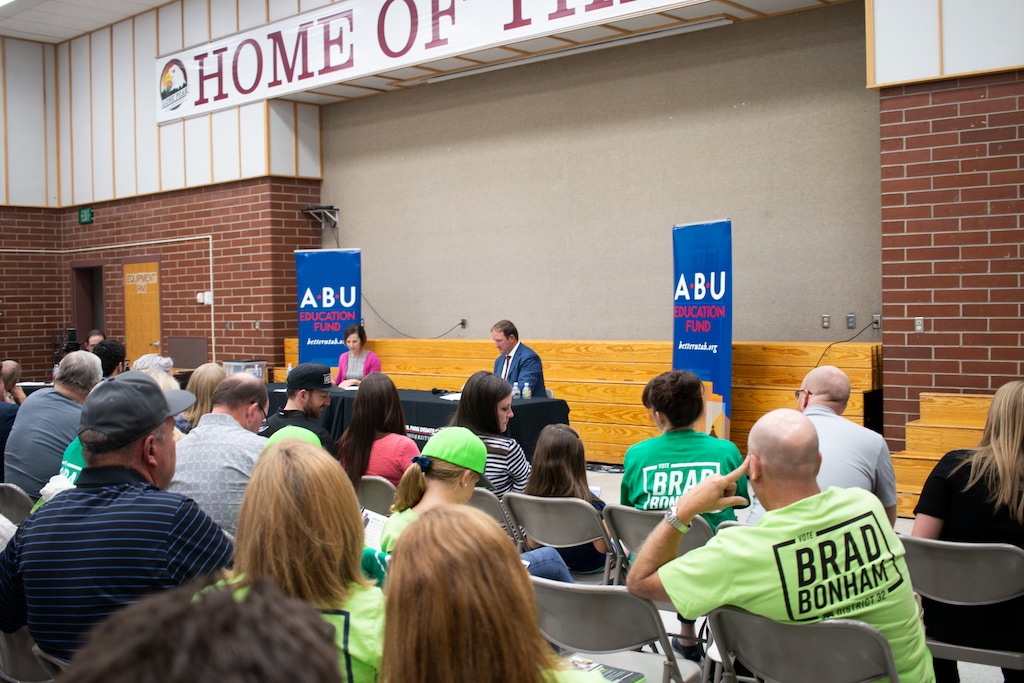 (Cara MacDonald | The Salt Lake Tribune) Utah House District 32 candidates Brad Bonham and Suzanne Harrison debate the issues Wednesday night, Sept. 19, 2018, in Sandy.