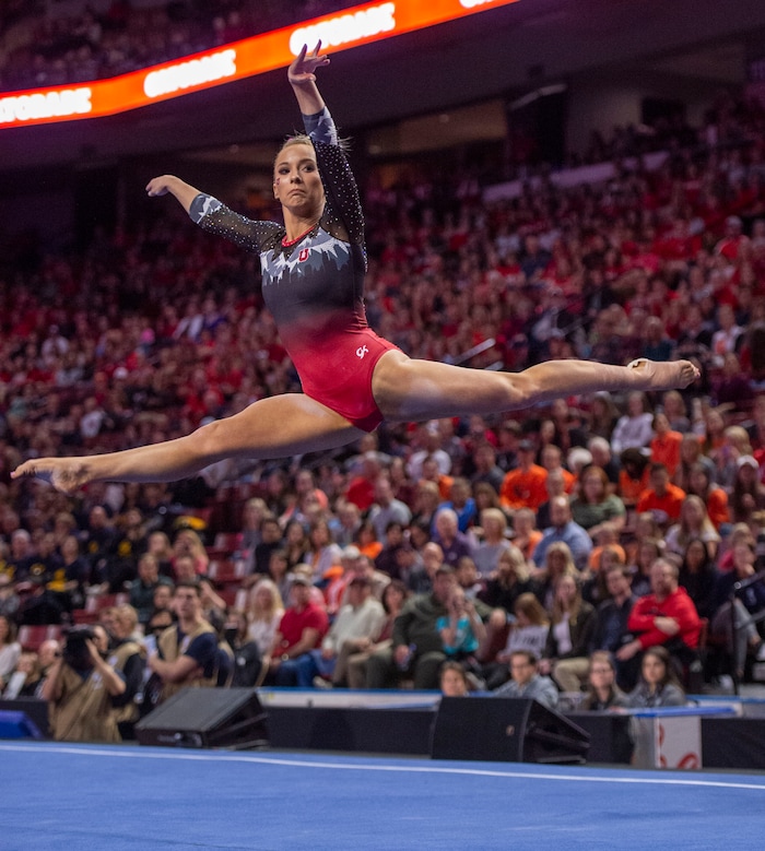 (Rick Egan  |  The Salt Lake Tribune)    MyKayla Skinner competes on the floor for Utah, in the PAC-12 Gymnastics Championships at the Maverik Center, Saturday, March 23, 2019.


