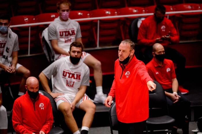(Trent Nelson | The Salt Lake Tribune) Utah coach Larry Krystkowiak as Utah hosts Washington, NCAA basketball in Salt Lake City on Thursday, Dec. 3, 2020.