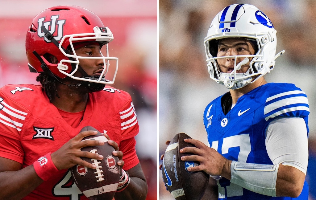 (The Salt Lake Tribune) Utah quarterback Devon Dampier, left, and BYU quarterback Bear Bachmeier.