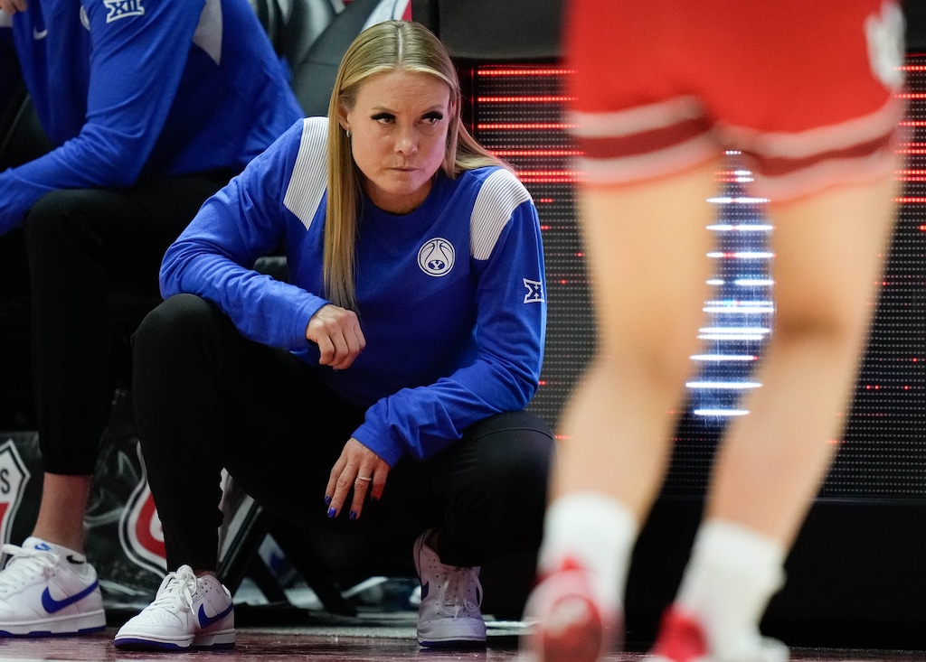 (Francisco Kjolseth  |  The Salt Lake Tribune) BYU coach Amber Whiting as Utah hosts BYU in NCAA basketball at the Huntsman Center in Salt Lake City on Saturday, Dec. 2, 2023.