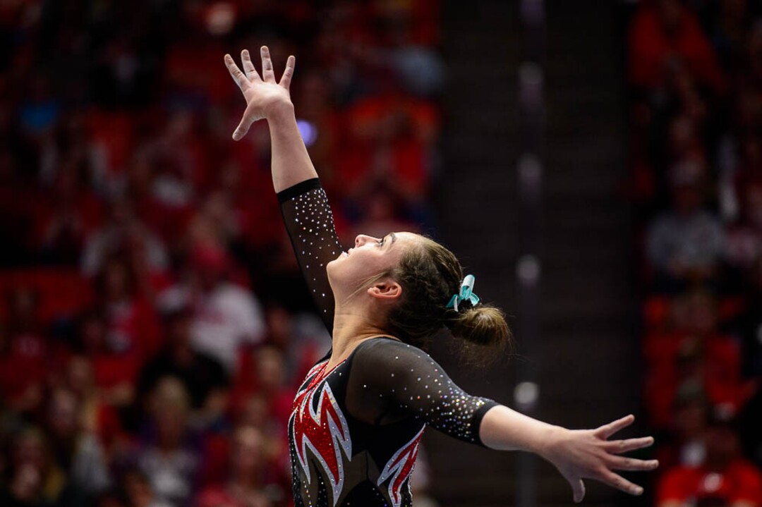 (Trent Nelson | The Salt Lake Tribune)  Macey Roberts on floor as Utah hosts Washington, NCAA gymnastics in Salt Lake City, Saturday February 3, 2018.
