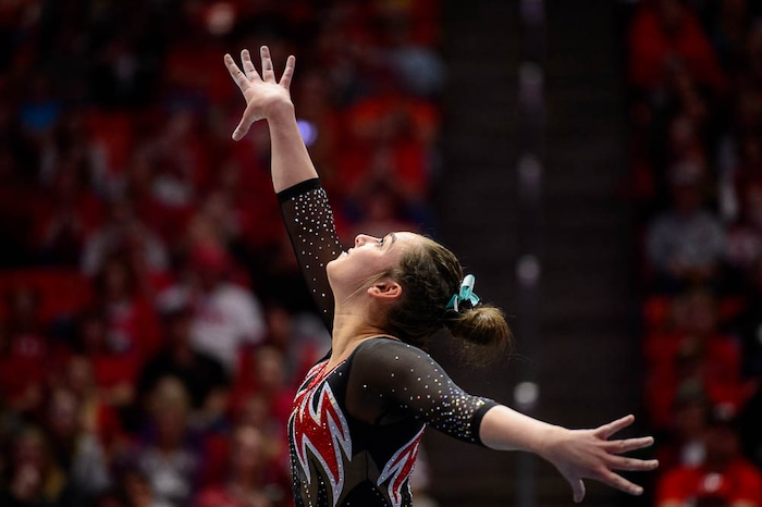 (Trent Nelson | The Salt Lake Tribune)  Macey Roberts on floor as Utah hosts Washington, NCAA gymnastics in Salt Lake City, Saturday February 3, 2018.