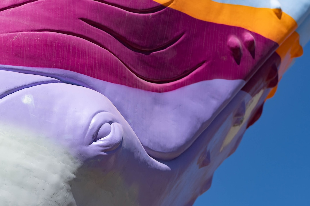 (Francisco Kjolseth | The Salt Lake Tribune) “Out of the Blue,” a full-size sculpture of a humpback whale breaching out of the roundabout at 900 South and 1100 East begins its colorful transformation on Thursday, April 7, 2022. 