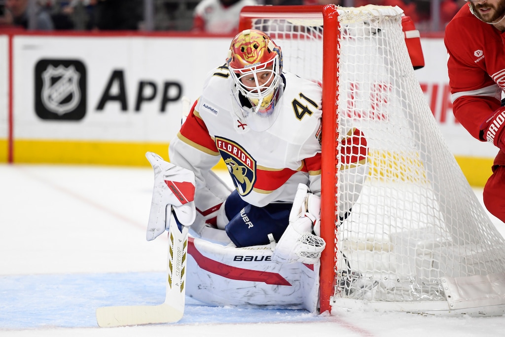 (Jose Juarez | AP) Florida Panthers goaltender Vitek Vanecek watches during the second period of an NHL hockey game against the Detroit Red Wings, Sunday, April 6, 2025, in Detroit.