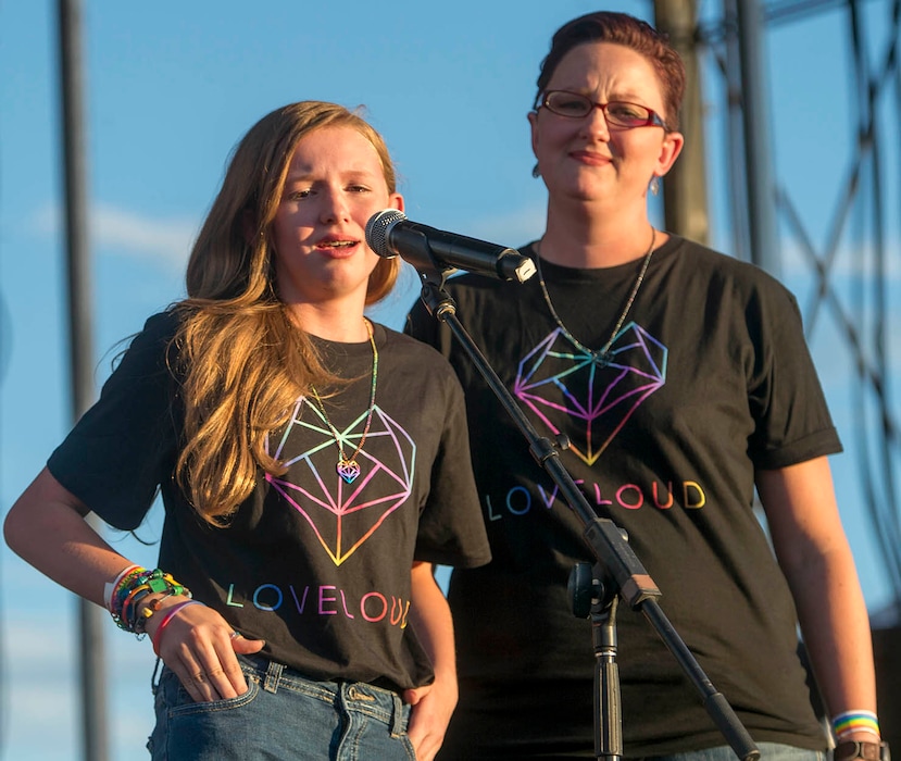 (Rick Egan  |  The Salt Lake Tribune)Savannah says a few words, as she stands on stage with her mother Heather Kester, at the LoveLoud Festival at Brent Brown Ballpark at UVU campus, Saturday, August 26, 2017.