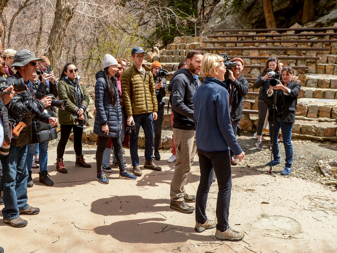 Leah Hogsten  |  The Salt Lake Tribune  Massachusetts Sen. Elizabeth Warren takes a walking tour with Carl Fisher, executive director of UtahÕs Save Our Canyons organizationat Storm Mountain Picnic Area in Big Cottonwood Canyon,  April 17, 2019 before speaking to Utah supporters Wednesday evening. Sen. Warren is a Democratic 2020 presidential candidate.   