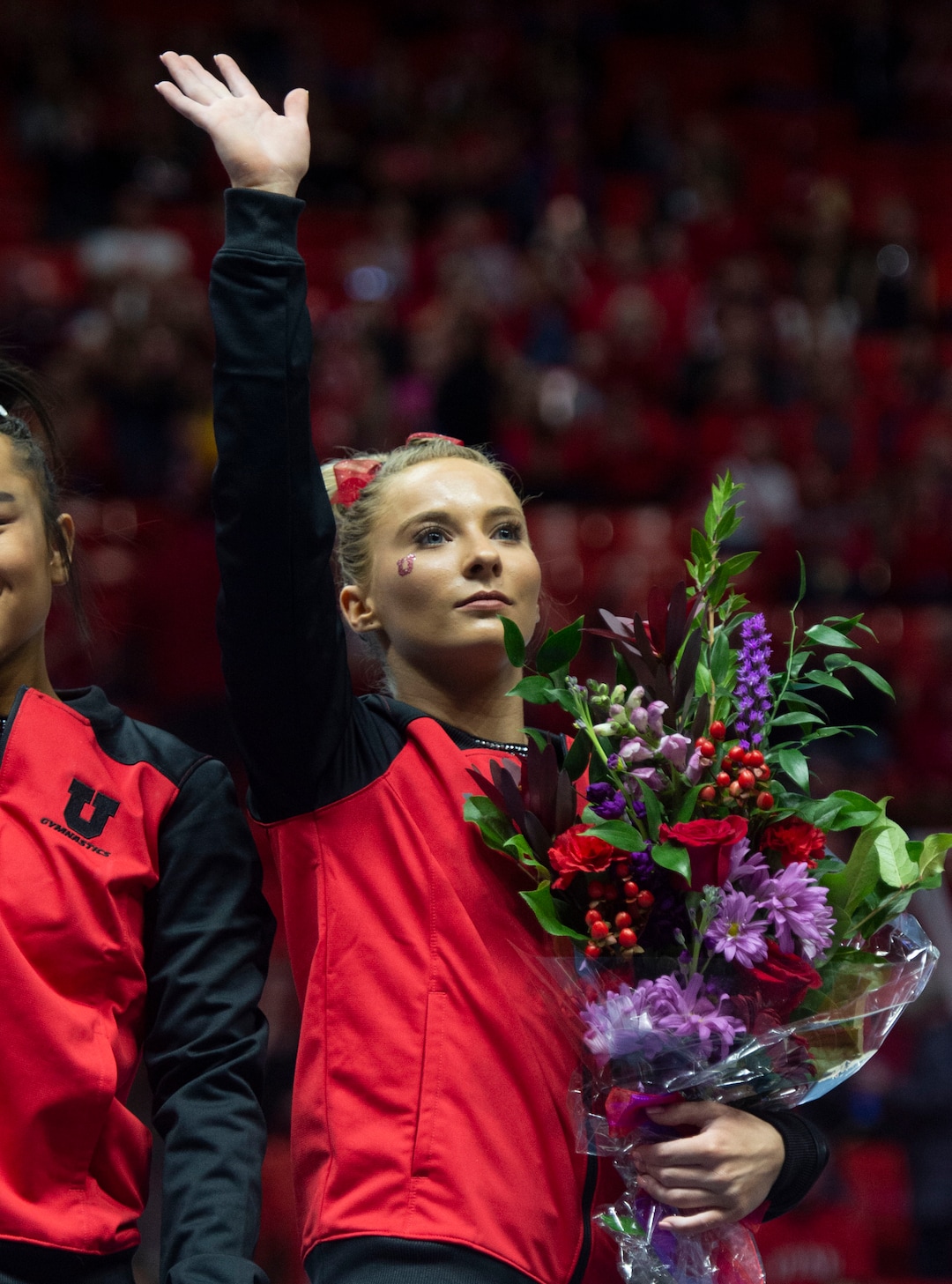 (Rick Egan  |  The Salt Lake Tribune)   MaKayla Skinner waves to the crowd after winning the all-round for Utah, in PAC-12 gymnastics action between the UCLA Bruins and the University of Utah, at the Jon M. Huntsman Center, Saturday, Feb. 23, 2019.