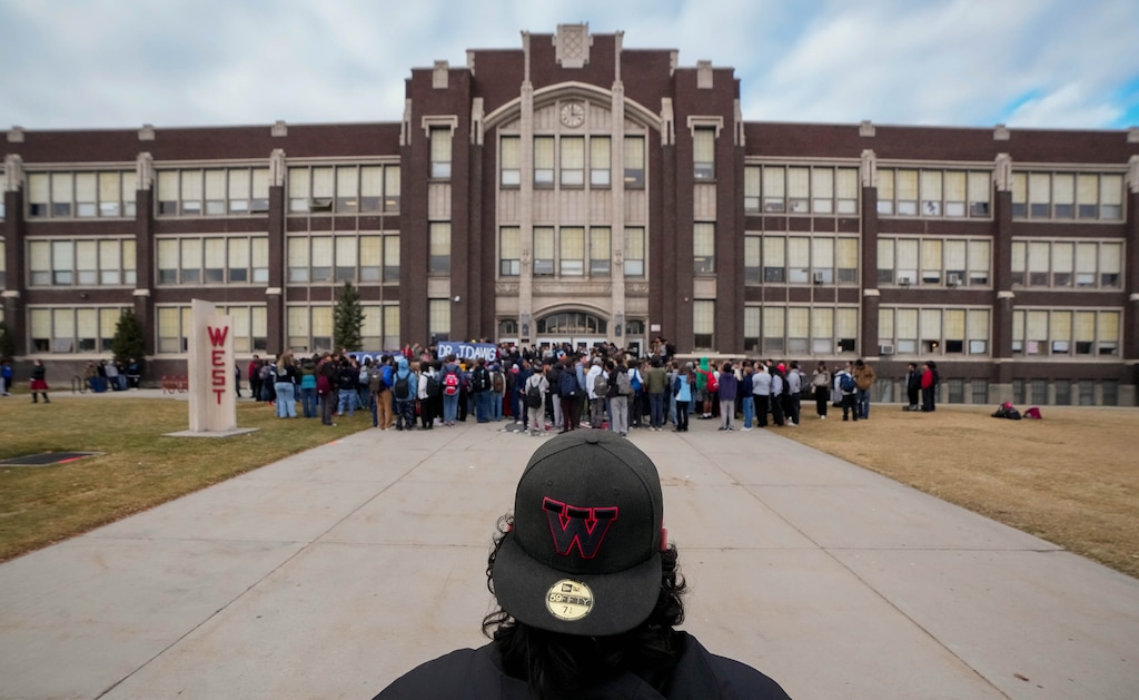 (Francisco Kjolseth  | The Salt Lake Tribune) West High students stage a walkout to protest Principal Jared Wright recently placed on leave without explanation, Friday, Jan. 17, 2025.