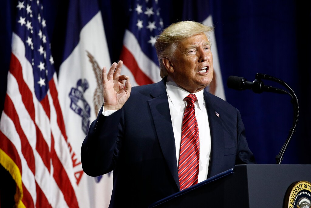 (Patrick Semansky | AP) President Donald Trump speaks at the Republican Party of Iowa's annual dinner in West Des Moines, Iowa, Tuesday, June 11, 2019. Trump plans to conclude an arms deals via an emergency executive order.