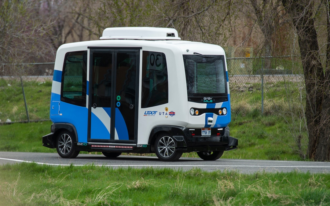 (Rick Egan  |  The Salt Lake Tribune)  The Autonomous Shuttle takes a test drive, at the test track is across the street from UDOT headquarters on the west side of 2700 West. Thursday, April 11, 2019.