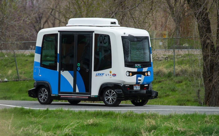 (Rick Egan  |  The Salt Lake Tribune)  The Autonomous Shuttle takes a test drive, at the test track is across the street from UDOT headquarters on the west side of 2700 West. Thursday, April 11, 2019.


