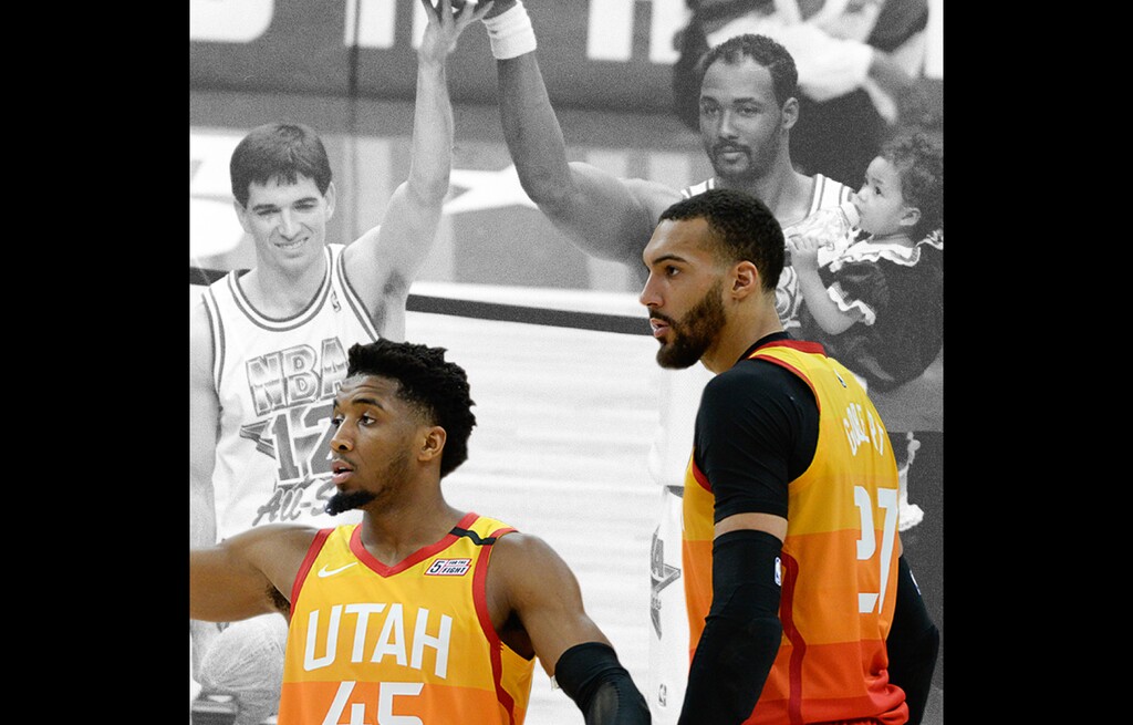 (Francisco Kjolseth | The Salt Lake Tribune, Roberto Borea | AP file photo) This composite image shows current Utah Jazz guard Donovan Mitchell and center Rudy Gobert, front, and Jazz guard John Stockton and forward Karl Malone in the 1993 NBA All-Star Game in Salt Lake City.
