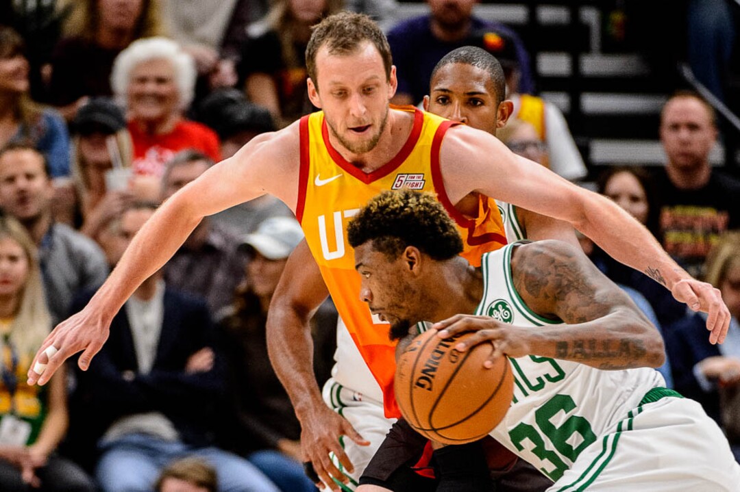(Trent Nelson | The Salt Lake Tribune)  Utah Jazz forward Joe Ingles (2) defending Boston Celtics guard Marcus Smart (36). Utah Jazz vs. Boston Celtics, NBA basketball in Salt Lake City on Friday Nov. 9, 2018.