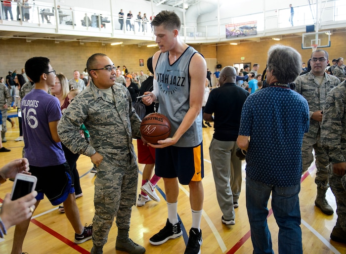 (Steve Griffin  |  The Salt Lake Tribune)    Jazz forward Jonas Jerebko signs autographs following  scrimmage in the Warrior Fitness Center on Hill Air Force Base as a part of a "Hoops for Troops" promotion Ogden Friday September 29, 2017. It's also Utah's first public scrimmage of the season, and the first look at how the new pieces of the team will work together. 