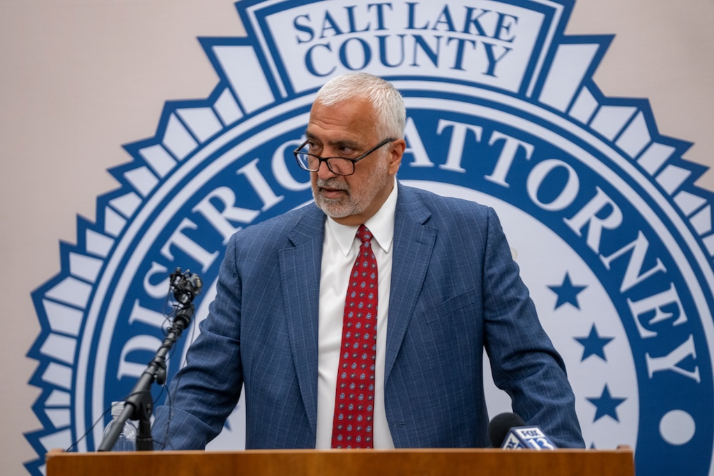 (Rick Egan | The Salt Lake Tribune) Salt Lake County District Attorney Sim Gill answers questions about a Taylorsville police shooting that occurred on October 9, 2024, during a news conference on Thursday, May 14, 2026.