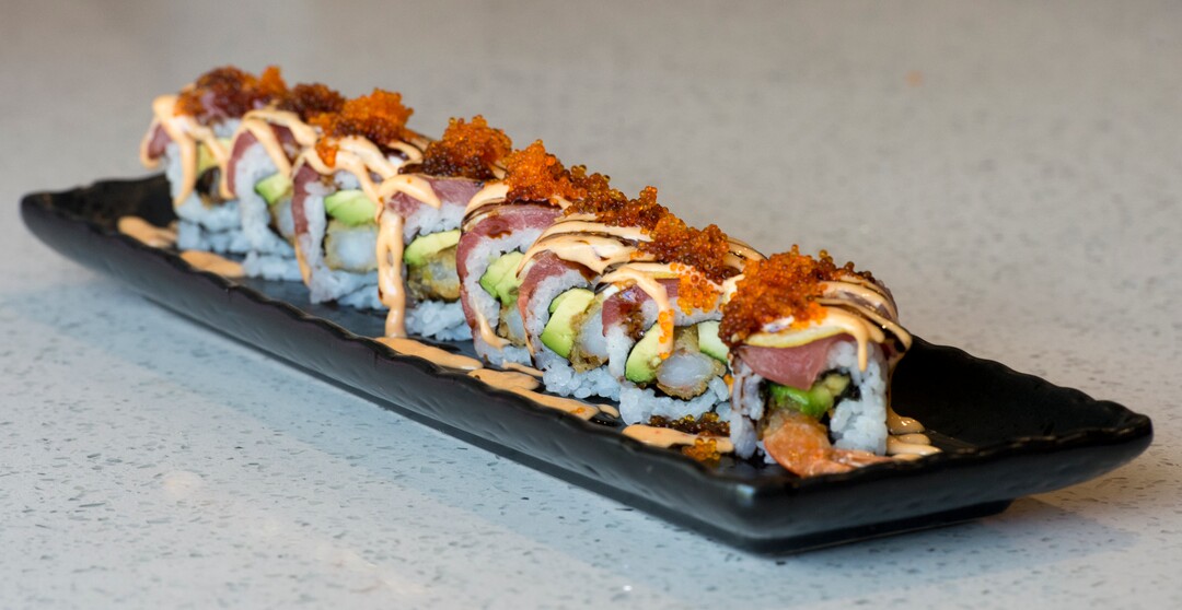 (Rick Egan  |  The Salt Lake Tribune)    The Playboy Roll, at  Hamachi Pescatarian Grill and Sushi, 488 E 100 South, Salt Lake City, Monday, June 4, 2018.
