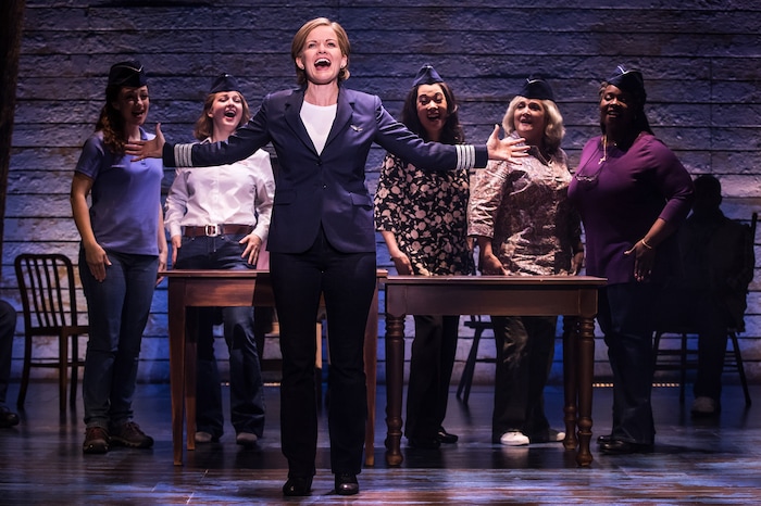 (Matthew Murphy  |  photo courtesy Broadway at the Eccles) Becky Gulsvig, foreground, plays Beverley, an airline pilot, in the national tour of the Broadway musical "Come From Away," which will play at Salt Lake City Eccles Theater, Nov. 6-11, 2018. Also in the ensemble, from left: Megan McGinnis, Emily Walton, Christine Toy Johnson, Julie Johnson and Daniele K. Thomas.