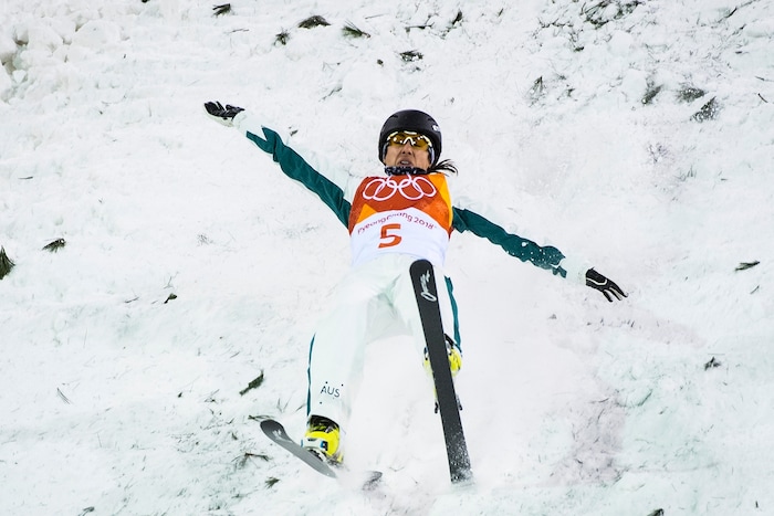 (Chris Detrick  |  The Salt Lake Tribune)  Australia's Lydia Lassila crashes while competing in the Ladies' Aerials Qualification at Phoenix Park during the Pyeongchang 2018 Winter Olympics Thursday, Feb. 15, 2018.  