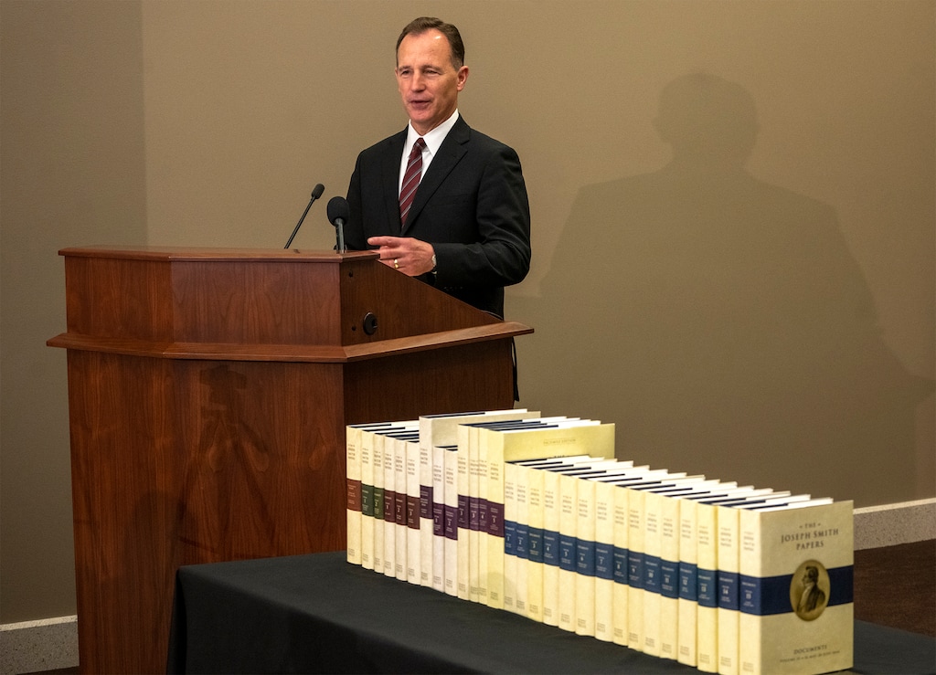 (Rick Egan | The Salt Lake Tribune) Church Historian Kyle S. McKay talks about the final print volume in The Joseph Smith Papers during a news conference at the Church History Library on Tuesday, June 27, 2023.