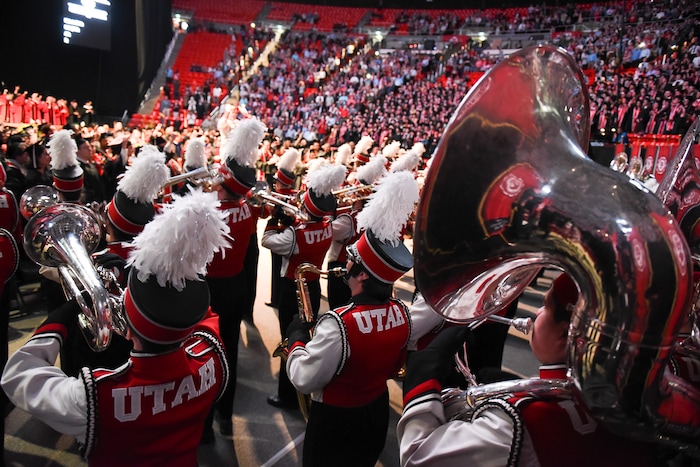 (Francisco Kjolseth  |  The Salt Lake Tribune)  University of Utah marching band plays the Utah Fight Song at the conclusion of their 2018 commencement ceremonies on Thursday, May 3, 2018, at the Jon M. Huntsman Center.