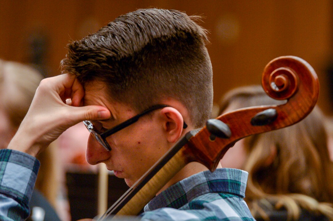 Leah Hogsten  |  The Salt Lake Tribune  Cellist AJ Russo reacts to Utah Symphony Music Director Thierry Fischer's direction on Thursday.  Fischer is lending his expertise to the Cottonwood High School symphony to help the musicians bring to life StravinskyÕs ÒThe FirebirdÓ through the first ÒAdopt a SchoolÓ pilot program. They will culminate in the performance of the piece on May 20, with Maestro Fischer conducting the live streamed event to other participating Utah orchestras who will be following along as the stateÕs largest ÒSuper Orchestra.Ó