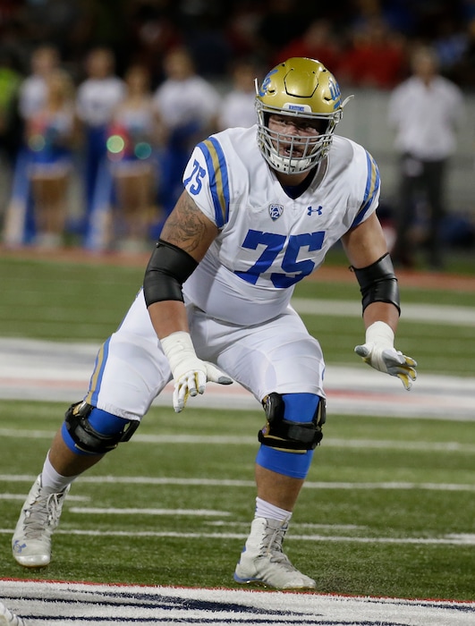UCLA offensive lineman Andre James (75) during an NCAA college football game against Arizona, Saturday, Oct. 14, 2017, in Tucson, Ariz. (AP Photo/Rick Scuteri)