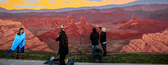 (Steve Griffin  |  The Salt Lake Tribune) Utah graphic artist Josh Scheuerman's mural of the sacred lands of the Bears-Ears Inter-Tribal Coalition is officially dedicated during a ceremony on 800 South near 300 West in Salt Lake City on Friday, Nov. 24, 2017.