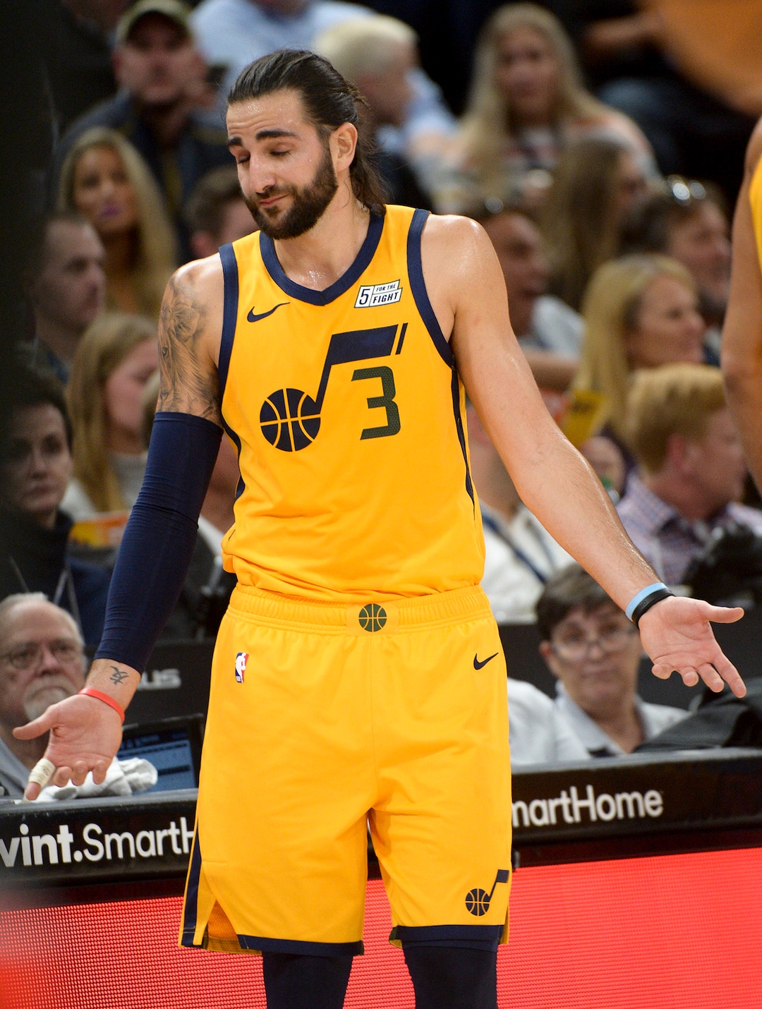Leah Hogsten  |  The Salt Lake Tribune Utah Jazz guard Ricky Rubio (3) reacts to play as the Utah Jazz host the Toronto Raptors, Monday, Nov. 5, 2018 at  Vivint Smart Home Arena.