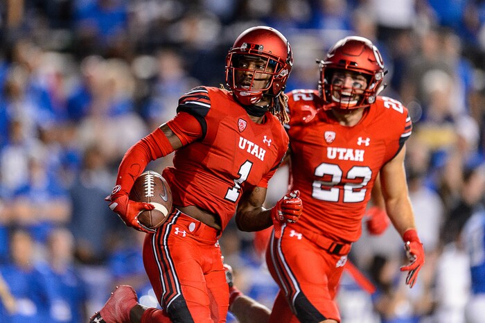 (Trent Nelson | The Salt Lake Tribune)  Utah Utes defensive back Boobie Hobbs (1) celebrates an interception as BYU hosts Utah, NCAA football in Provo, Saturday September 9, 2017.