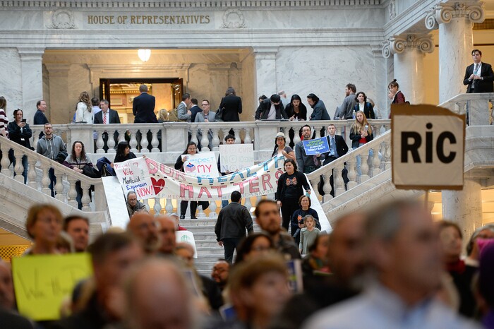 (Francisco Kjolseth  |  The Salt Lake Tribune)  Over 300 demonstrators fill the Capitol rotunda on Monday, Jan, 28, 2019, on the first day of the Legislative session to rally in support of protecting Proposition 3, the Medicaid Expansion law recently passed by voters.