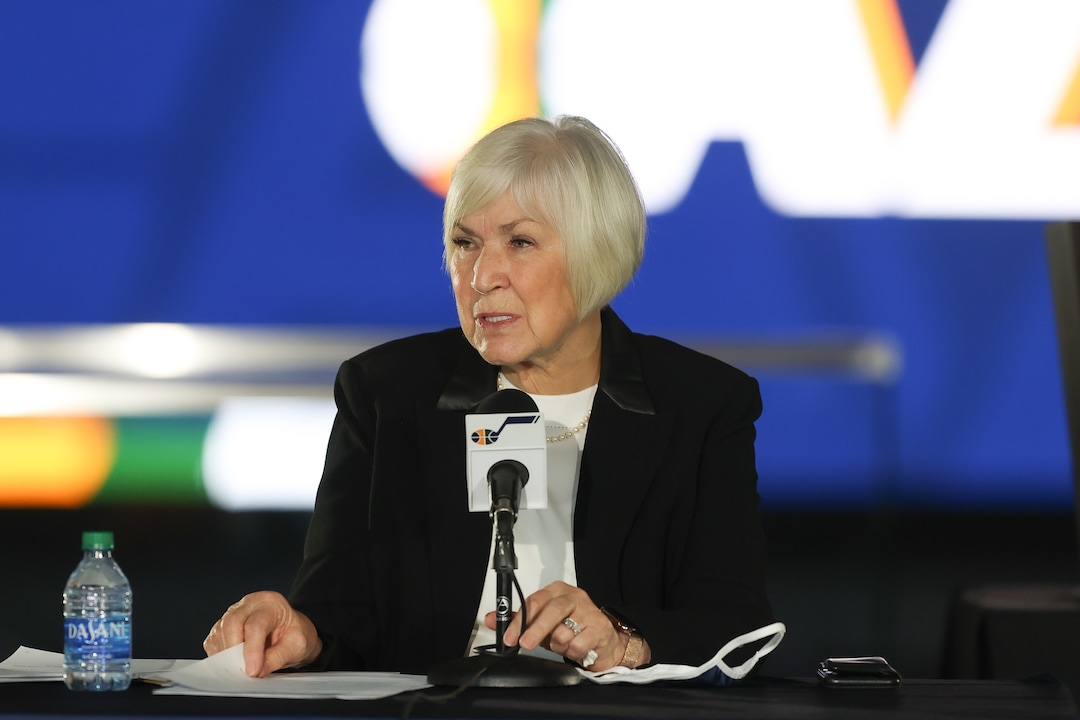 (Photo courtesy Utah Jazz/Melissa Majchrzak) Gail Miller, owner and chair of the Larry H. Miller Group of Companies and the Utah Jazz speaks at a news conference where she announced agreements to sell a majority interest in the Utah Jazz and other sports to Ryan Smith at vivint.SmartHome Arena on October 28, 2020 in Salt Lake City, Utah.