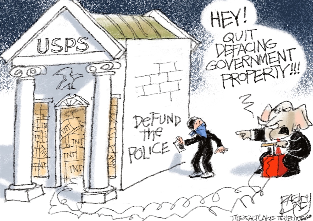 (Pat Bagley | The Salt Lake Tribune) This cartoon, titled "Blowing Up the Messenger," appears in The Salt Lake Tribune on Sunday, Aug. 9, 2020.