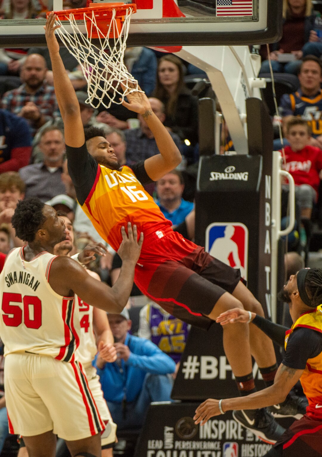 (Rick Egan  |  The Salt Lake Tribune)     Utah Jazz forward Juwan Morgan (16) falls to the floor after missing a dunk, in the Jazz 117-114 win over the Portland Trail Blazers, in NBA action in Salt Lake City, Friday, Feb. 7, 2020.