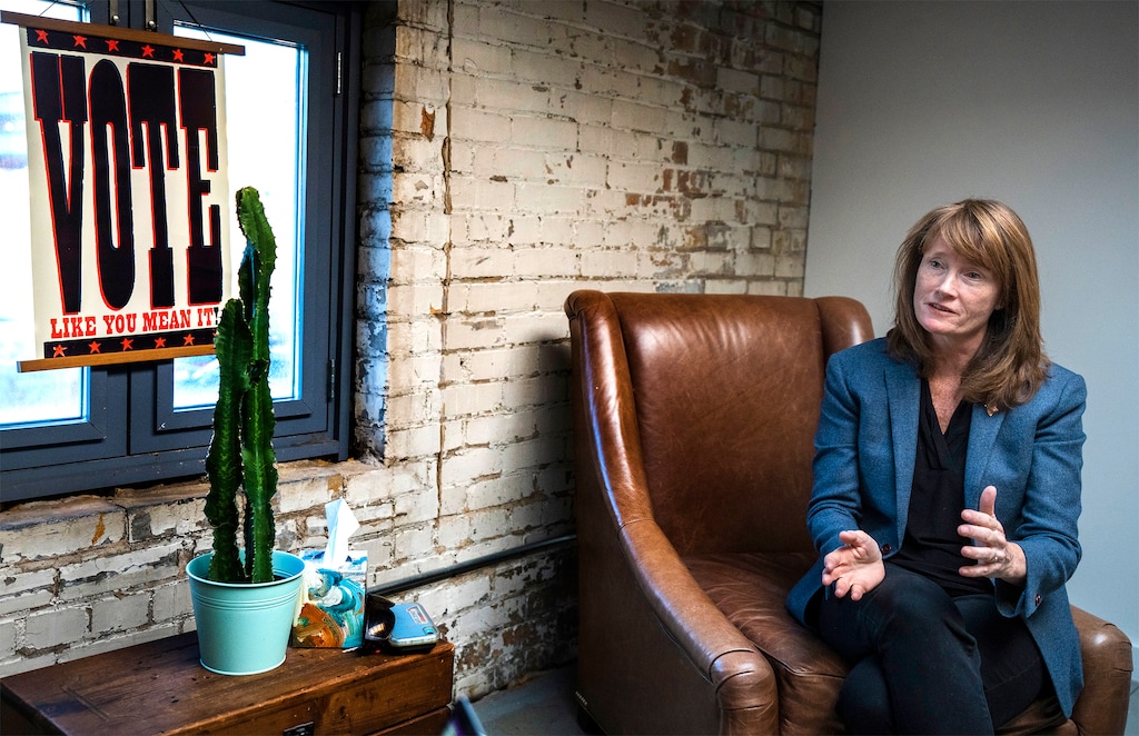 (Rick Egan | The Salt Lake Tribune) Kathleen Riebe talks about her campaign for the 2nd Congressional District, on Tuesday, Nov. 21, 2023.