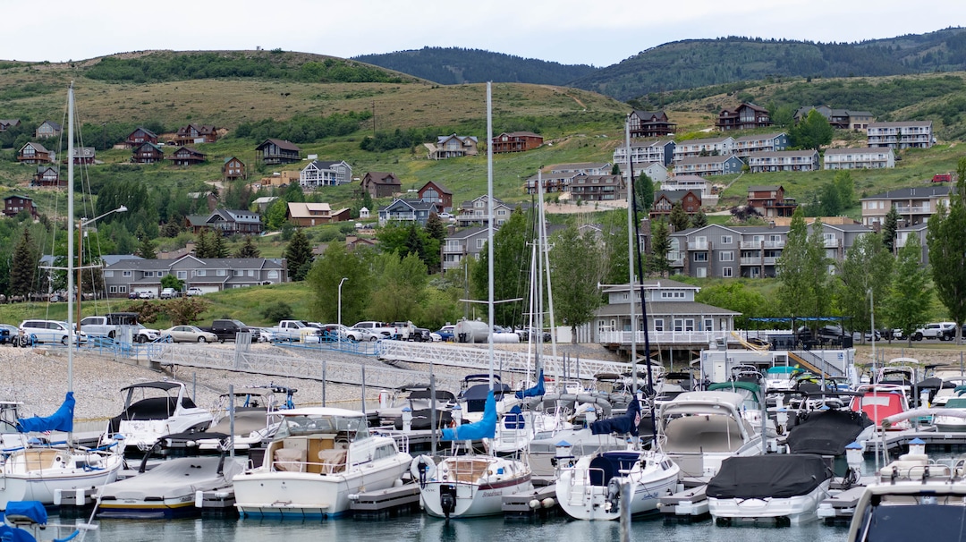 (Francisco Kjolseth | The Salt Lake Tribune) Homes speckle the hillside near the Bear Lake State Park marina on Thursday, June 30, 2022. A new study is out showing the economic contributions of Bear Lake, underscoring the need to keep the lake healthy.
