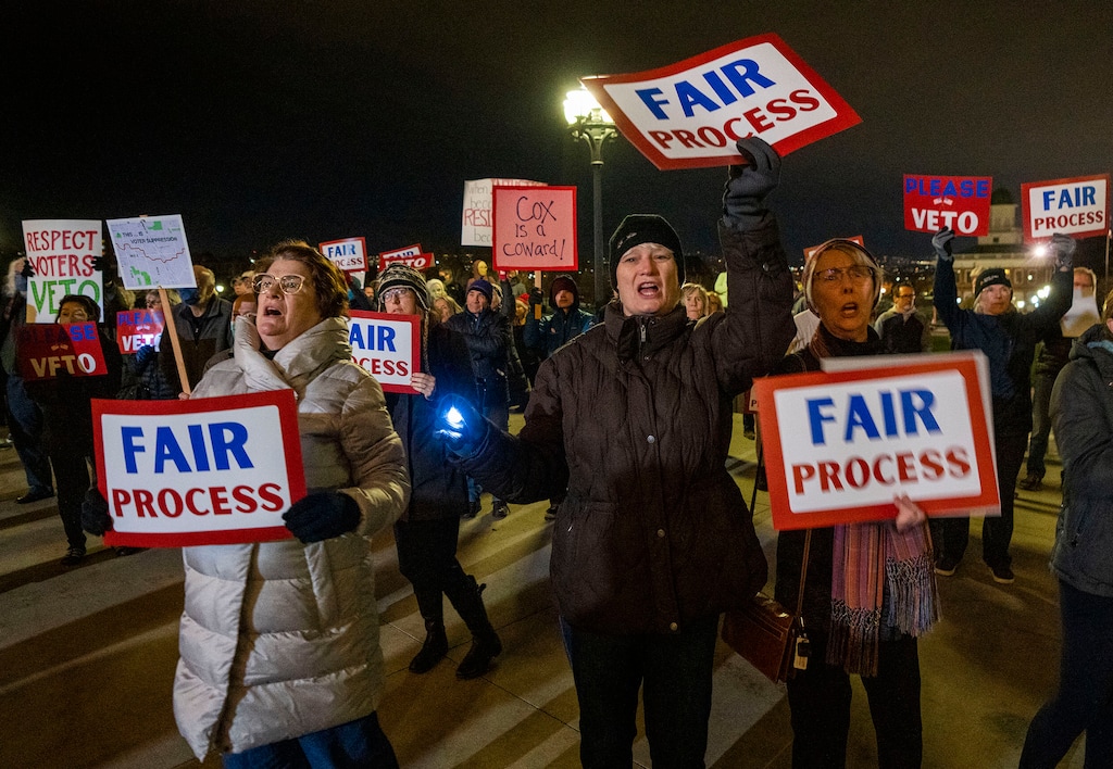 (Rick Egan | The Salt Lake Tribune) Protesters shout "Veto" as more than 300 people showed up for a Gerrymandering protest at the State Capitol on Wednesday, Nov. 10, 2021.