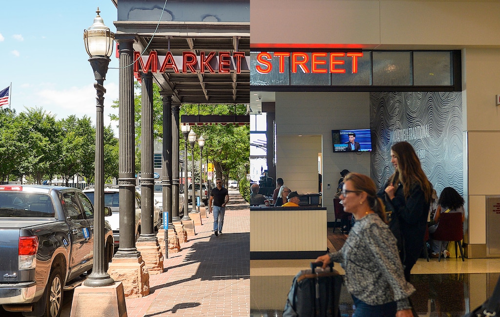 (Photo illustration by Chris Samuels | The Salt Lake Tribune) Market Street Grill at its location in downtown Salt Lake City, left, and at Salt Lake City International Airport, right. The Tribune analyzed prices at both locations, as well as other local shops and restaurants in Utah, to see if prices are the same outside the airport as well as past security.
