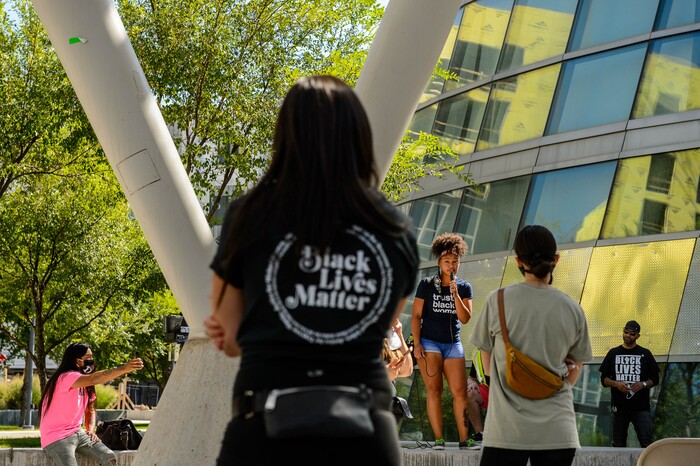 (Trent Nelson | The Salt Lake Tribune) Rae Duckworth, cousin of Bobby Duckworth, speaks at a rally against police brutality at the Public Safety Building in Salt Lake City on Saturday, Aug. 15, 2020.