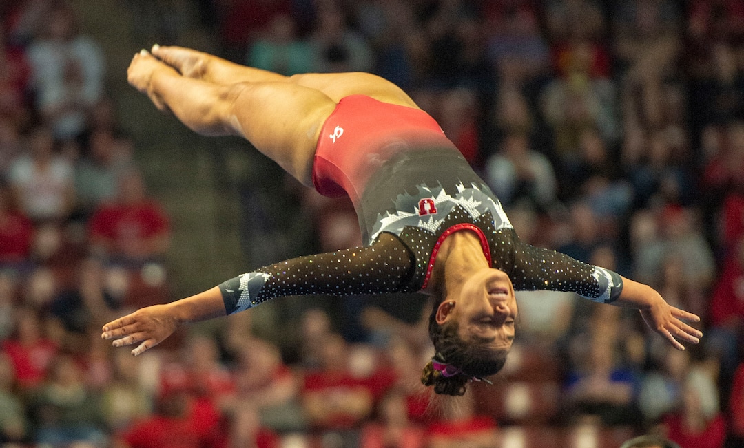 (Rick Egan  |  The Salt Lake Tribune)    Macey Roberts competes on the floor for Utah, in the PAC-12 Gymnastics Championships at the Maverik Center, Saturday, March 23, 2019.