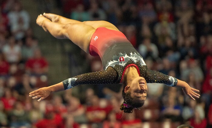 (Rick Egan  |  The Salt Lake Tribune)    Macey Roberts competes on the floor for Utah, in the PAC-12 Gymnastics Championships at the Maverik Center, Saturday, March 23, 2019.


