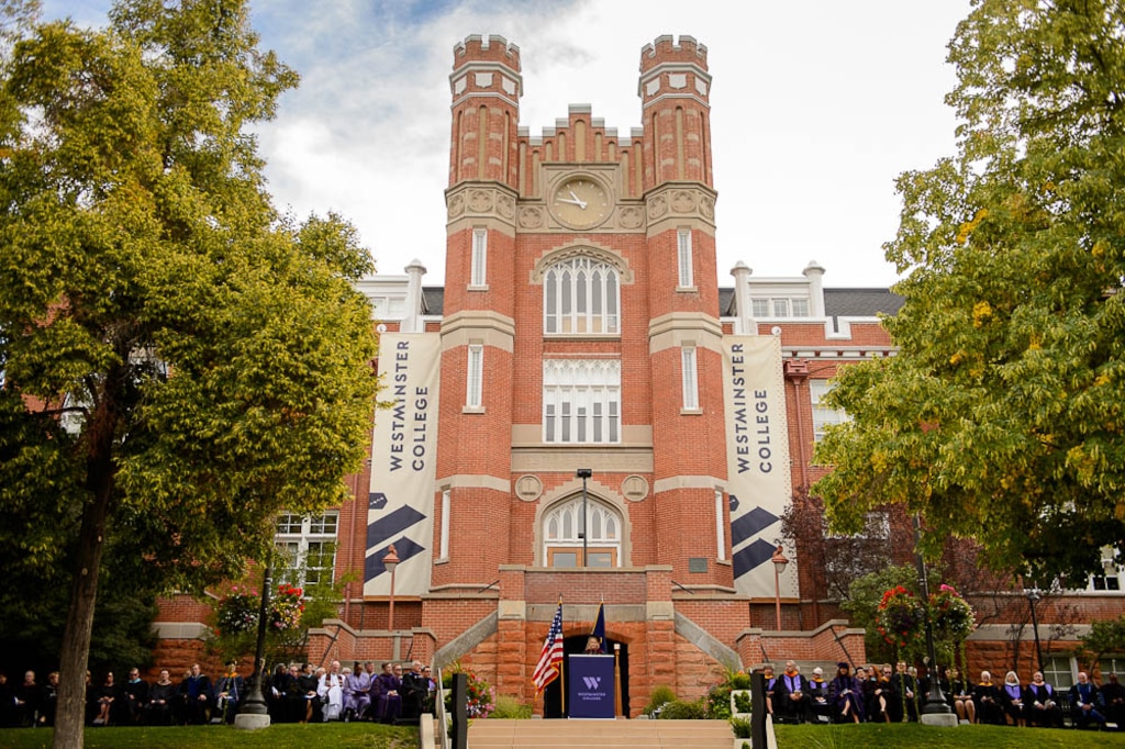(Trent Nelson | Tribune file photo) Dr. Bethami Dobkin speaks at her inauguration as Westminster College's 19th president in front of the school's Converse Hall in Salt Lake City, Saturday Sept. 29, 2018. On Monday, the college announced that students at Westminster College must download a phone app that will warn them when they’ve come in contact with someone on campus who has contracted COVID-19.